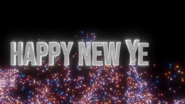 Siyah Arkaplan 4K Video Üzerinde Renkli Parçacıkları olan 3D Metin Mutlu Yıllar Gri Rengi