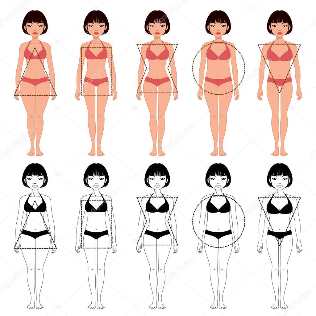 set of five different types of female body shapes, different typ