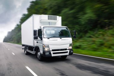 Beyaz teslimat kamyonu yolda ilerliyor. Konsept: kargo yolu taşımacılığı, kamyon teslimatı, taşınma, lojistik tema, logo ücretsiz 
