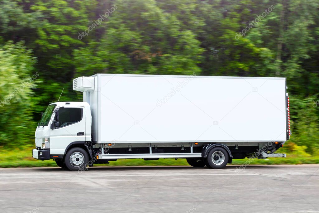 White refrigerator truck, delivery cargo van, thermo transport