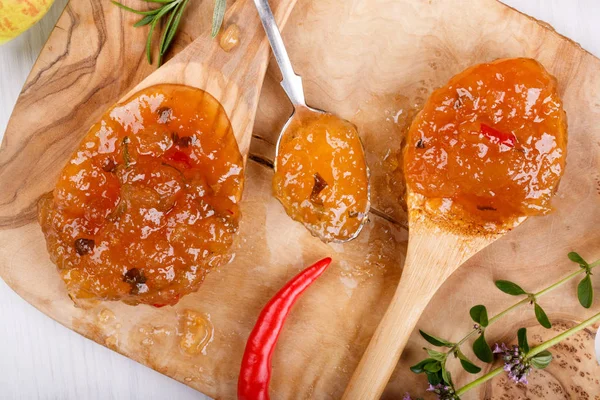 Chilli Pepper Apple Jam Herbs Top View — Stock Photo, Image