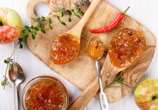 Chilli Pepper Apple Jam Herbs Top View — Stock Photo, Image