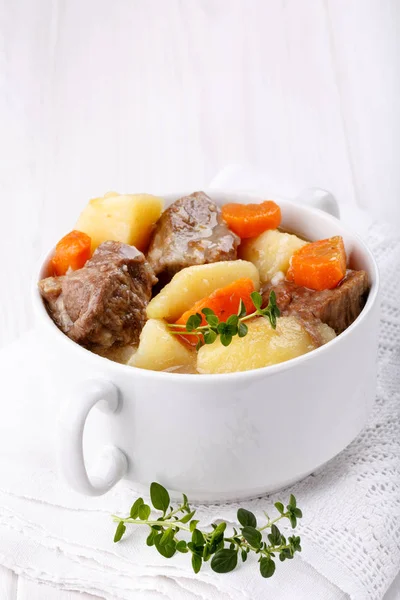 Meat Stew Potatoes Carrots Copy Space — Stock Photo, Image