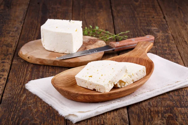 Sliced Fresh Brined White Cheese Cow Milk Wooden Table — Stock Photo, Image