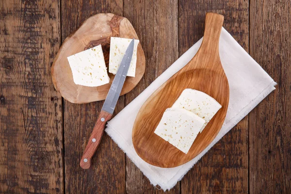 Sliced Fresh Brined White Cheese Cow Milk Wooden Table Top — Stock Photo, Image