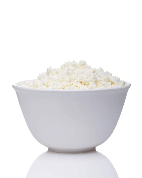 Cottage Cheese White Bowl Isolated White Background — Stock Photo, Image