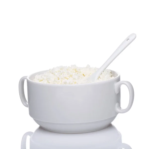 Cottage Cheese White Bowl Isolated White Background — Stock Photo, Image
