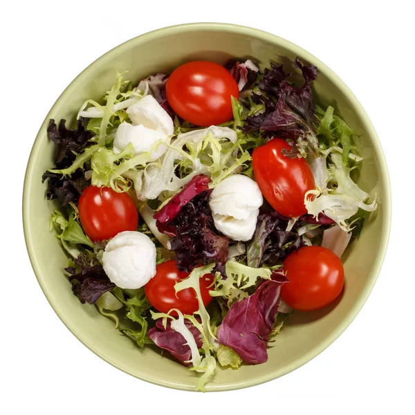 Salada Mista Com Mussarela Tomate Cereja Tigela Verde Comida Saudável — Fotografia de Stock