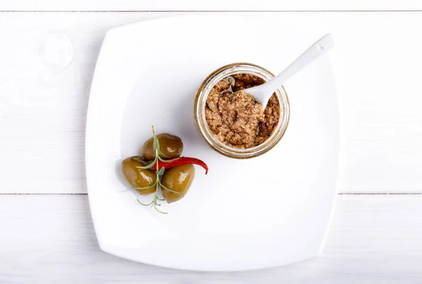 Tapenade Spicy Olive Paste Made Green Olives Red Hot Chilli — Stock Photo, Image