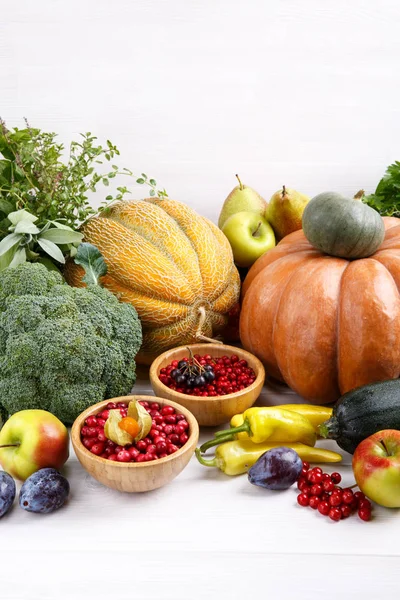 Autumn harvest vegetables, fruits, berries and herbs on white ba