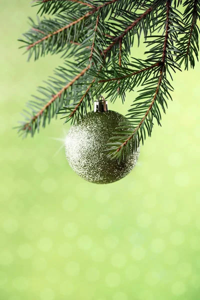 Sparkle green Christmas ball hangs on fir branch on festive gree