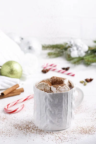 一杯传统热巧克力，加棉花糖和糖果罐 — 图库照片