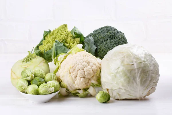 Assortment cabbages - romanesco, white cabbage, broccoli, caulif — Stock Image Assortment cabbages - romanesco, white cabbage, broccoli, caulif Stock Image