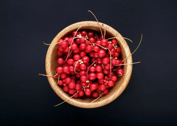 Schisandra Chinensis Five Flavor Berry Fresh Red Ripe Berries Wooden — Stock Photo, Image