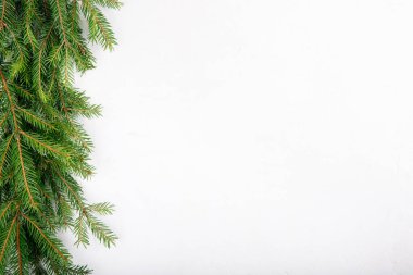 Beyaz arka planda ladin dalları. Noel köknar ağacı. Üst Manzara. Uzayı kopyala Noel çerçevesi, Yeni Yıl geçmişi.