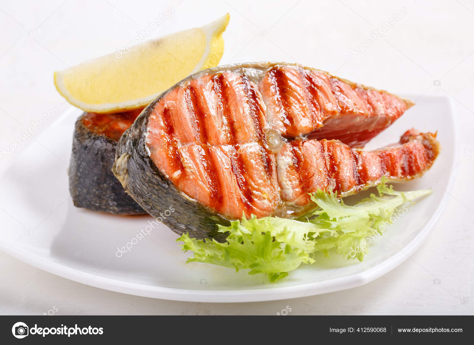 Grilled Red Salmon Steak Served Lemon Lettuce White Plate Sockeye