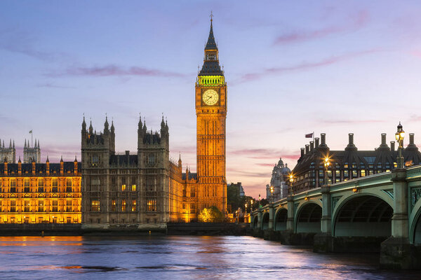 London, parliament building and Westminster Bridge at Dusk