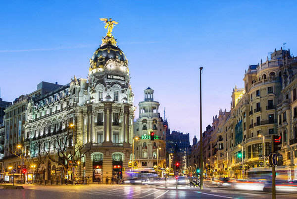 Spain, Madrid, Metropolis Building and Gran Via at night