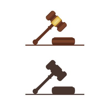 Yargıç Tokmak. Tören tokmağı. Yasama ve mahkeme imzası. Açık arttırma ahşap çekiç ve metal kemer. Otorite ve sembolik davranma hakkı. Vektör illüstrasyonu