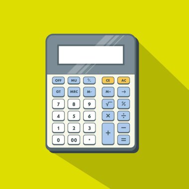 Standart taşınabilir elektronik hesap makinesi. Temel şekilli parlak renkler ve düz gölgeleme.