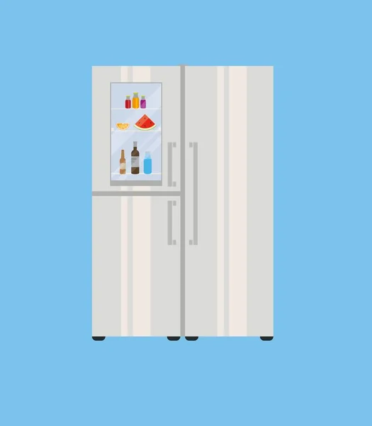 Moderner Großer Kühlschrank Mit Transparenter Tür Gefüllt Mit Speisen Und — Stockvektor