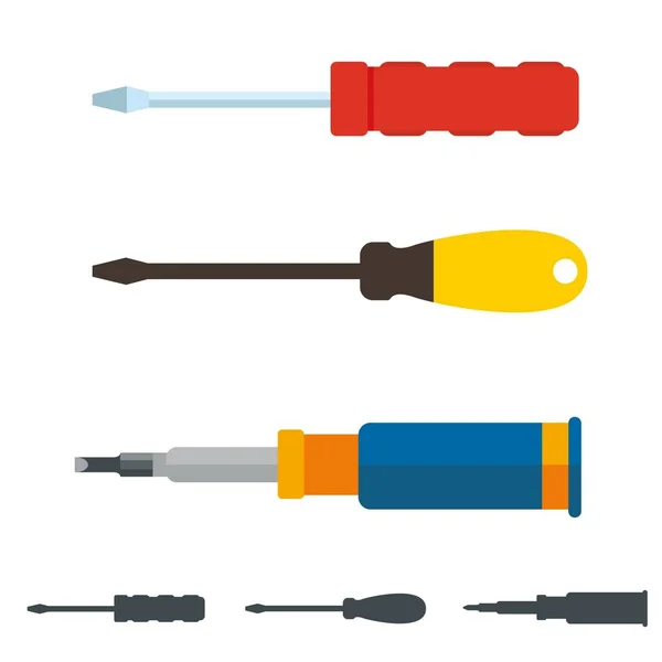 Conjunto Tres Destornilladores Diferentes Estilo Plano Cabeza Plana Tornillo Vector — Vector de stock