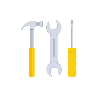 Çekiç, anahtar ve tornavida. Onarım aletleri illüstrasyonu. Hizmet ve bakım araçları. Temel araç kutusu ekipmanları.