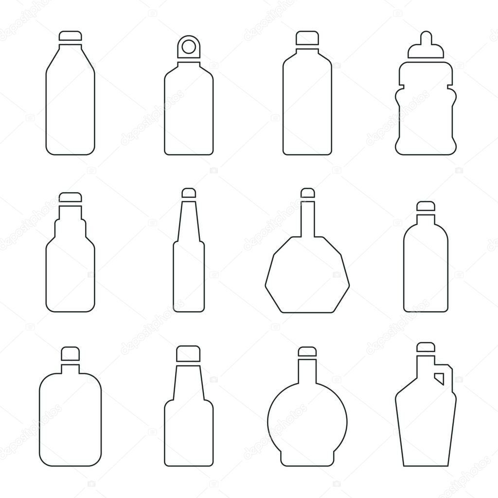 Various glass outline bottle icon set. Thin line silhouette.