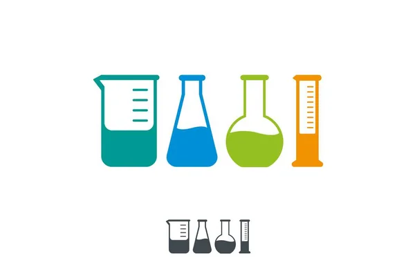 Set of four laboratory flask icons. Various shape lab glass bottle, test tube symbol. Chemical media containers. — Stock Vector