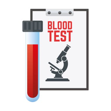 Panelin arka planında tüp ve mikroskop bulunan kan testi.