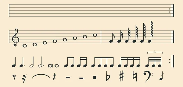 Notas Musicales Iconos Símbolos Notación Musical Como Clave Agudos Bajos — Vector de stock