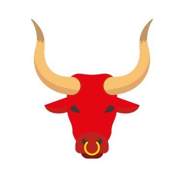 Öküz öküzü. Büyük boynuzları ve burun halkası olan Bovinae ailesi evcil boğası. Vektör illüstrasyonu.