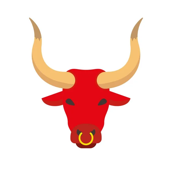 Öküz öküzü. Büyük boynuzları ve burun halkası olan Bovinae ailesi evcil boğası. Vektör illüstrasyonu.