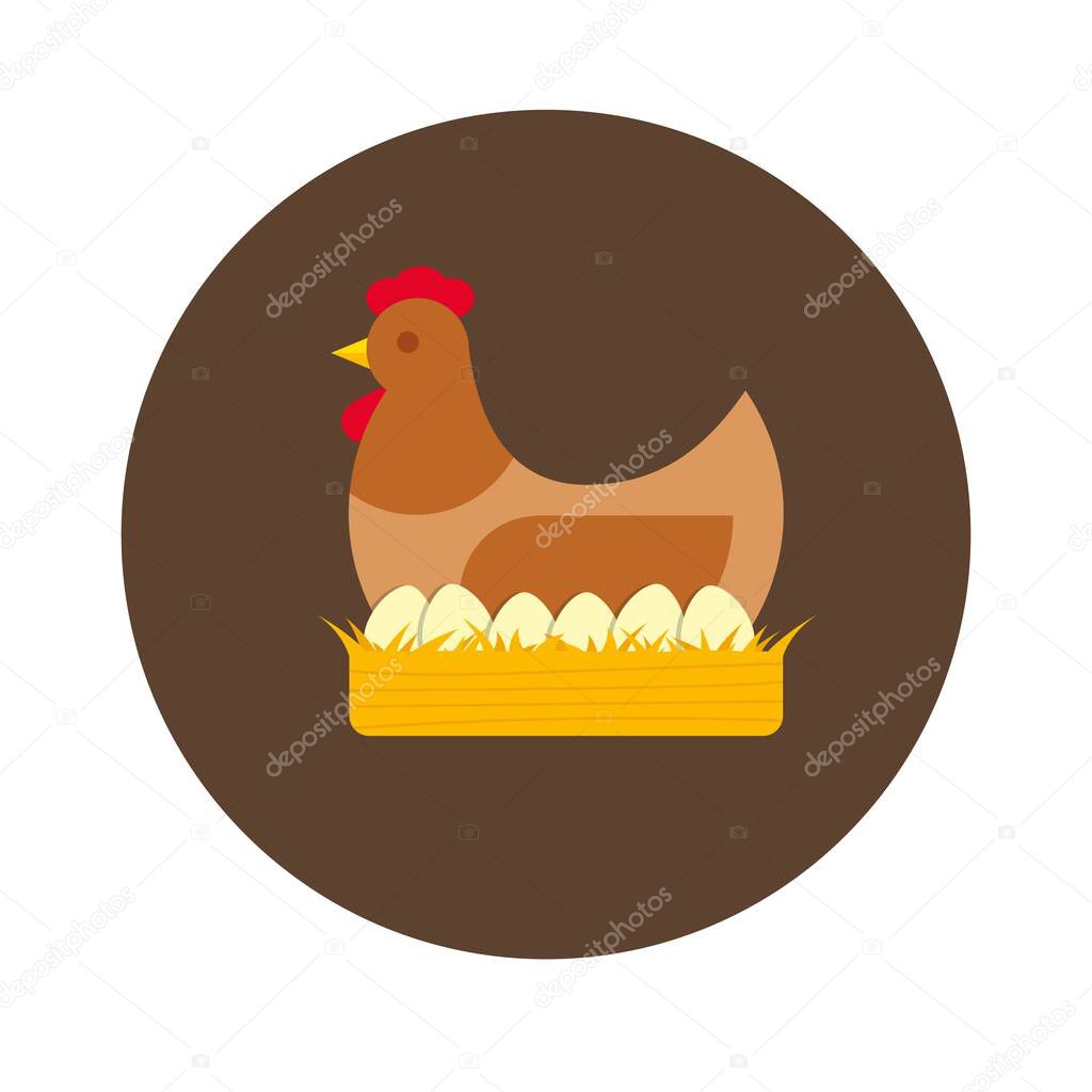 Hen in a nest with eggs. Poultry farm vector flat illustration