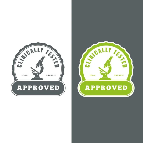 Klinik test etiketi. Onaylanmış rozet, laboratuvar analiz işareti. Organik kalite güvencesi. Vektör illüstrasyonu.