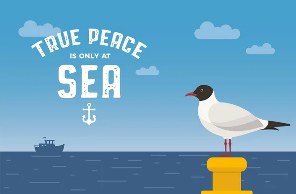 Martı vektör çizimi. Okyanus arka planında bir demirleme kordonunda martı. Martı kıyı tipografisi illüstrasyonunda.