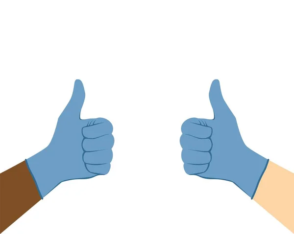 Thumbs up in medical gloves. Multi-ethnic surgeon doctor hands in protective gloves with their thumb up. Like, approve and good job gesture coronavirus protection. Flat vector illustration.