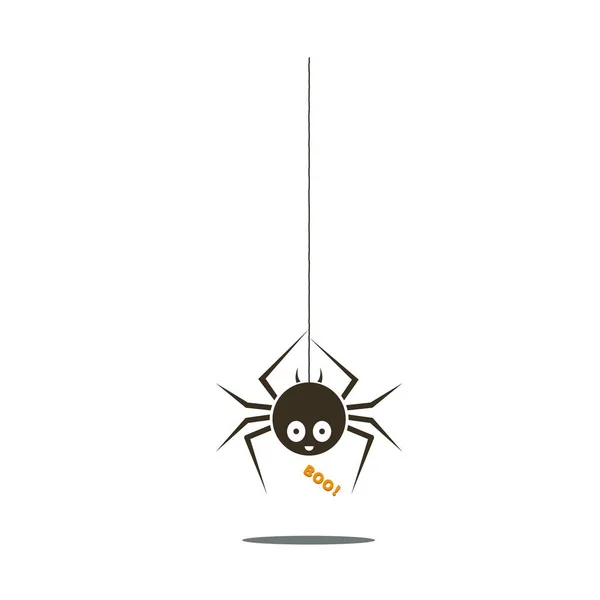 Araña negra. Halloween divertida araña infantil colgando de la parte superior con cara sonriente lindo y texto Boo. Ilustración vectorial. — Vector de stock
