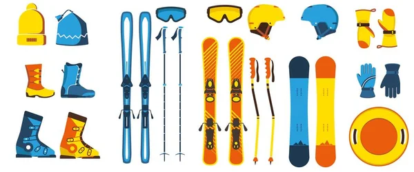 Kayak takımı ve ekipman vektör çizimi. Şapkalar, botlar, kayaklar, snowboard 'lar, miğferler, direkler, eldivenler, kızak. Kar kış sporları.