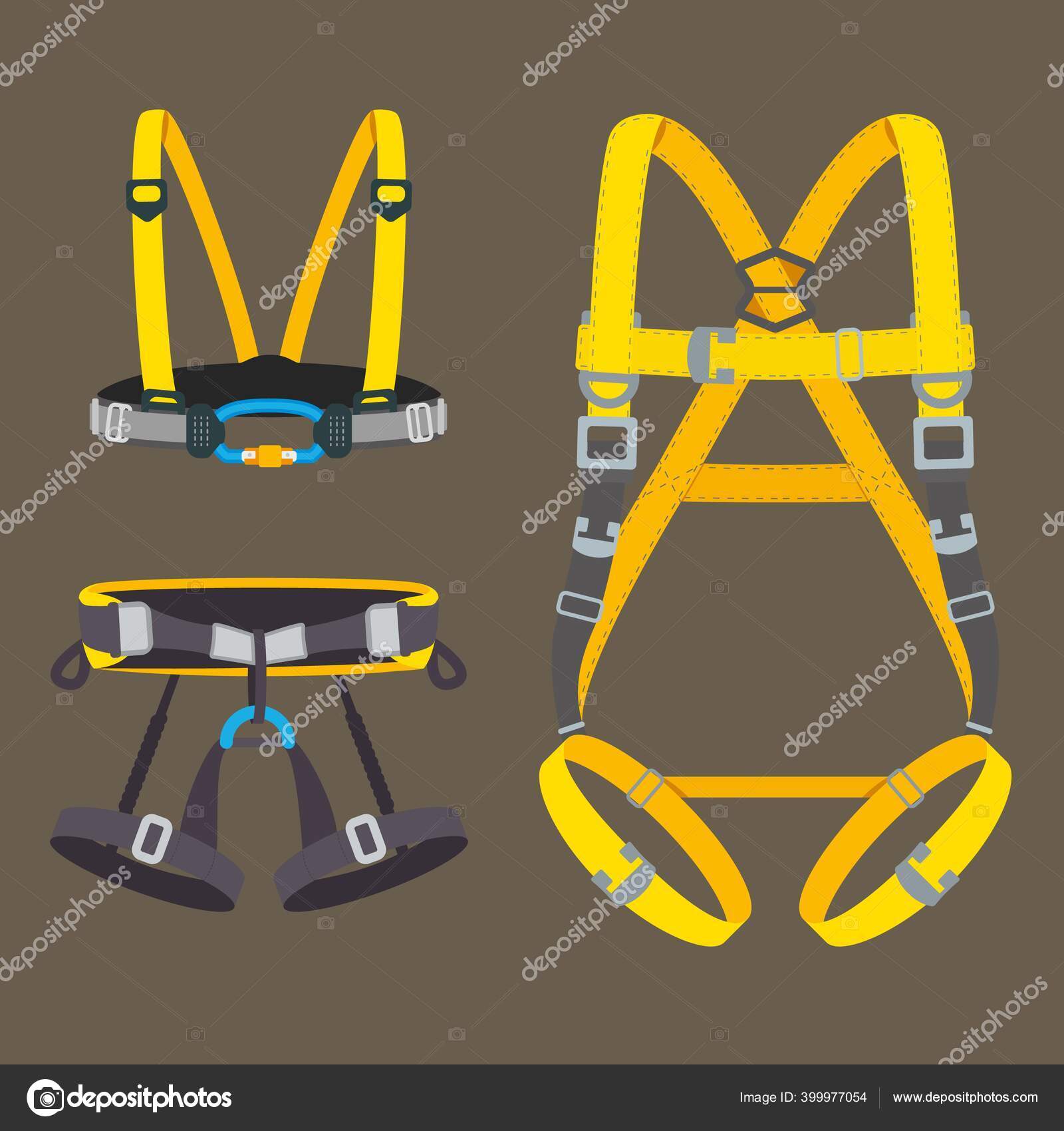 Safety harness fall protection set. Climbing, mountaineering, abseiling or rappelling  gear. Industrial or construction safety seat belt, chest and full body  types. Vector illustration. Stock Vector by ©Jet_SKi 399977054