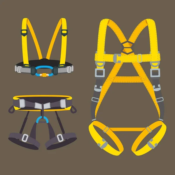 Conjunto de proteção contra queda de arnês de segurança. Equipamento de escalada, montanhismo, rapel ou rapel. Cinto de segurança industrial ou de construção, peito e tipos de corpo inteiro. Ilustração vetorial . — Vetor de Stock