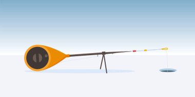 Deliğin üzerindeki buzda balık oltası. Kış balıkçılık vektörü illüstrasyonu.