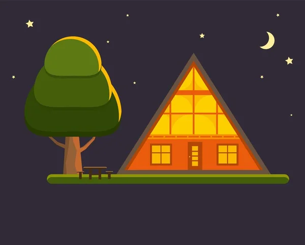 Gemütliche Hütte in einem Wald bei Nacht. Familienlodge in einem Wald mit Sternen und Mond. Urlaub im Freien. Vektorillustration. — Stockvektor