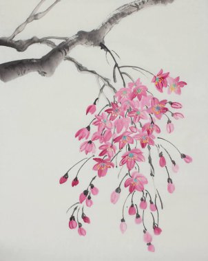 Japon tarzı boyalı kiraz çiçeği şube