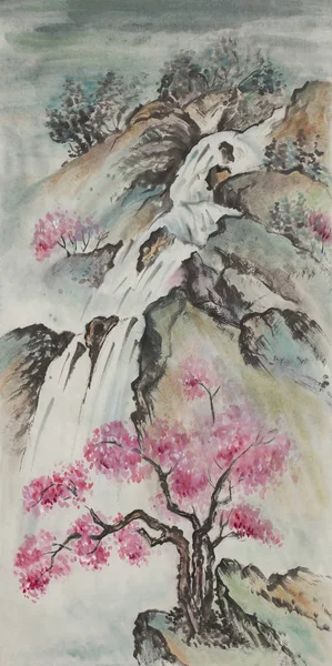 Mountain landscape with cherry blossoms and a waterfall — Stock Image Mountain Landscape Cherry Blossoms Waterfall Stock Image