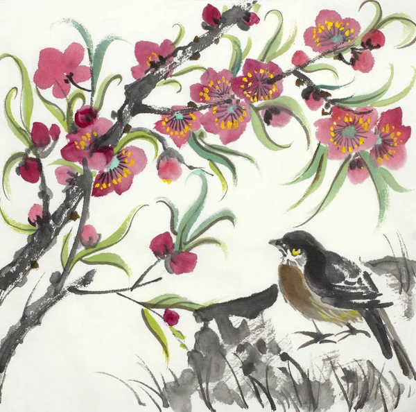 Flowering Branch Peach Bird — Stock Photo, Image