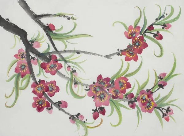 Blommande Persikoträd Gren Målade Kinesisk Stil — Stockfoto