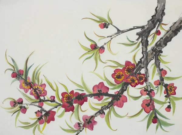 Blommande Persikoträd Gren Målade Kinesisk Stil — Stockfoto