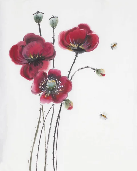 Kırmızı Haşhaş Arılar Beyaz Bir Arka Plan Üzerinde — Stok fotoğraf