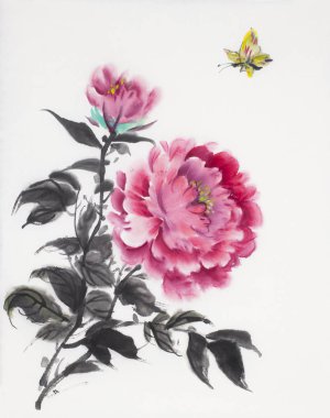 Kırmızı şakayık ve beyaz bir arka plan üzerinde kelebek